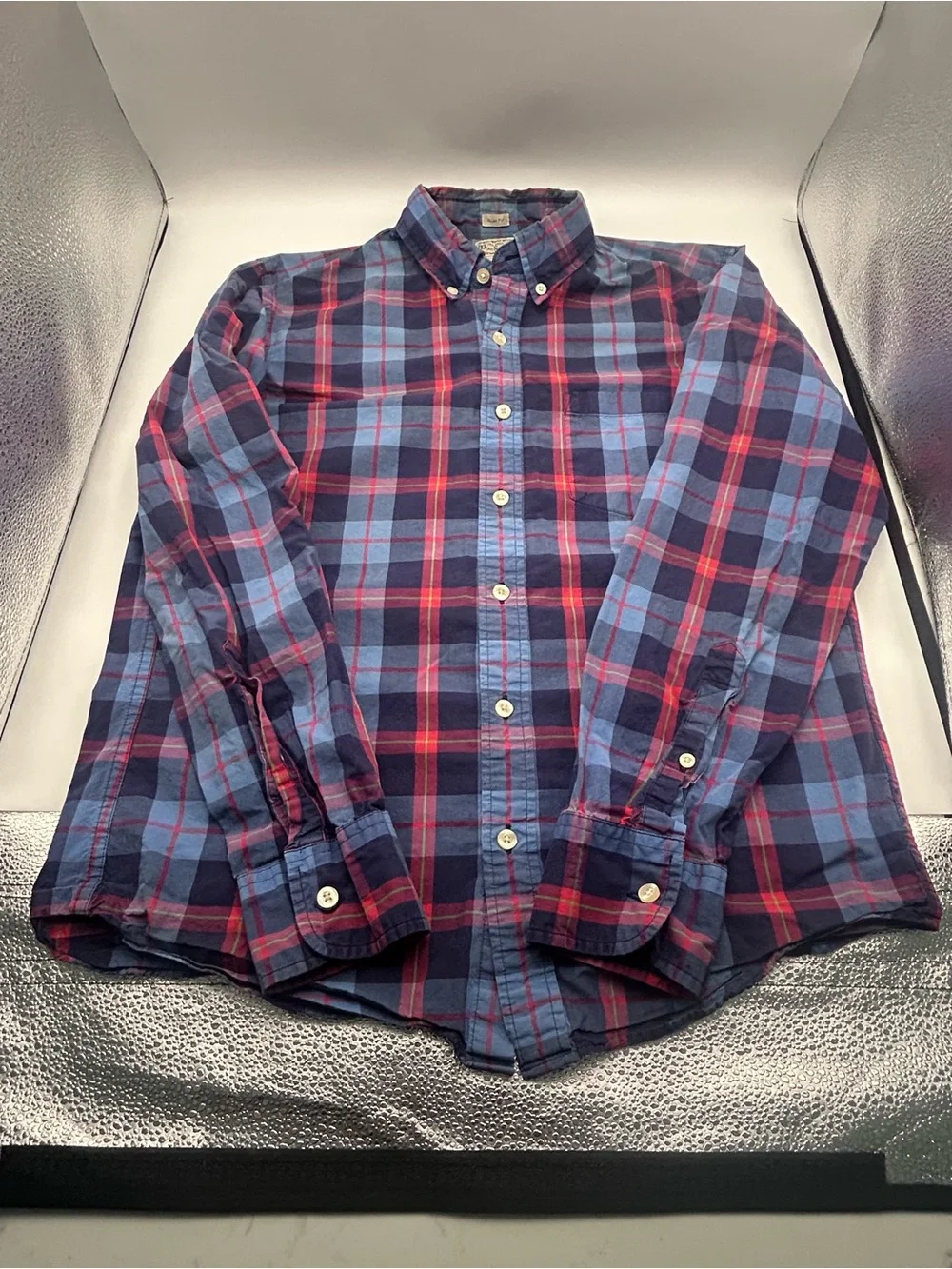 J. Crew Men's Navy and Red Plaid Button-Down Shirt